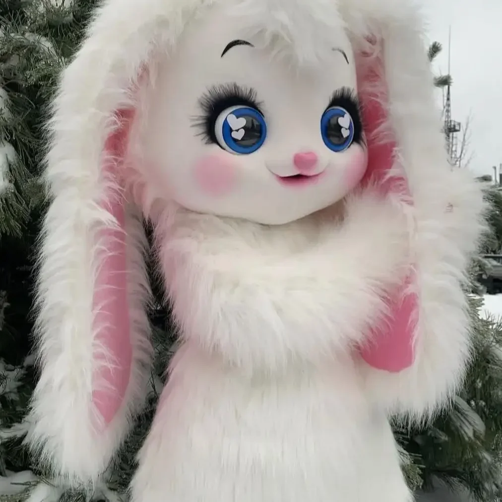 ชุดมาสคอตกระต่ายขาวพร้อมชุดเดรสหูยาว ตุ๊กตากระต่ายเดินได้ ชุดแฟนซีสำหรับฮาโลวีนและคริสต์มาส