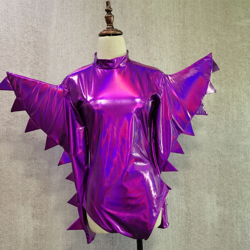 Men Women Purple Laser Exaggerated Shoulder Bodysuit Dress Nightclub Ds Dj Gogo Wear Pole Dance Outfit Drag Queen Costume XS4474