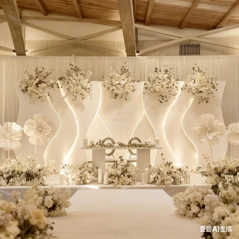 

FSDKX Events Custom Modern Wedding Backdrop White Wave Shape Acrylic PVC 3D Wedding Backdrop Stage Decoration With LED Light