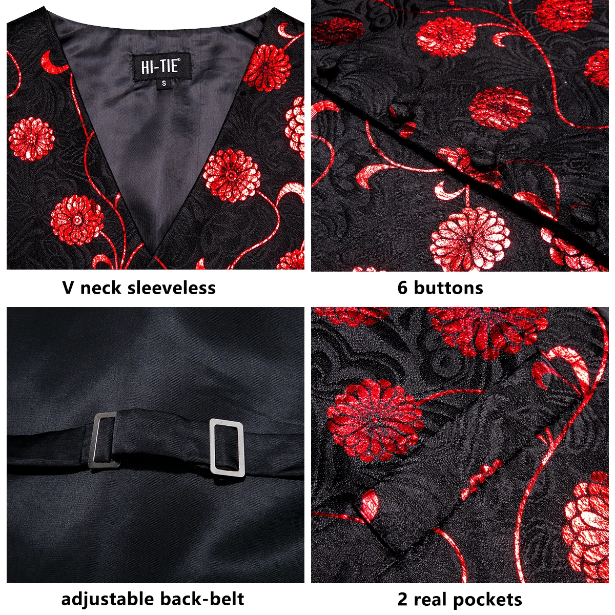 Hi-Tie Floral Silk Mens Vests Jacquard Waistcoat Neck Tie Hanky Cufflinks Set for Men Suit Sleeveless Jacket Wedding Business