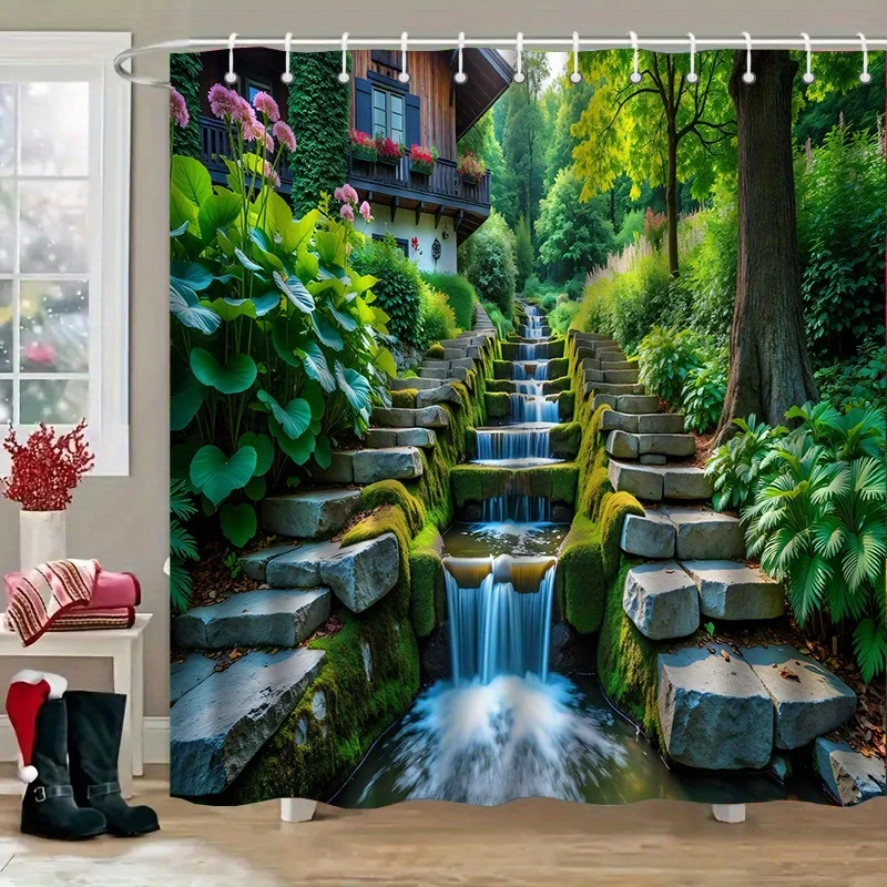 

Душевая штора с изображением горного водопада и лесного ручья, декор для ванной, природный пейзаж, искусство, современный интерьер для дома