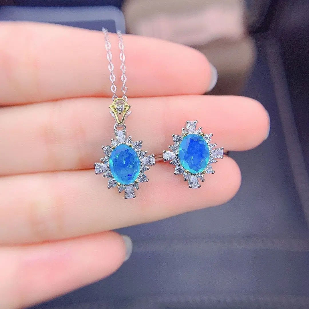 

ZECAA Blue Opal Pendant Ring Jewelry Sets For Woman With Natural Blue Opal Gemstone 6*8mm Blue Opal Jewelry Sets Pendant Ring