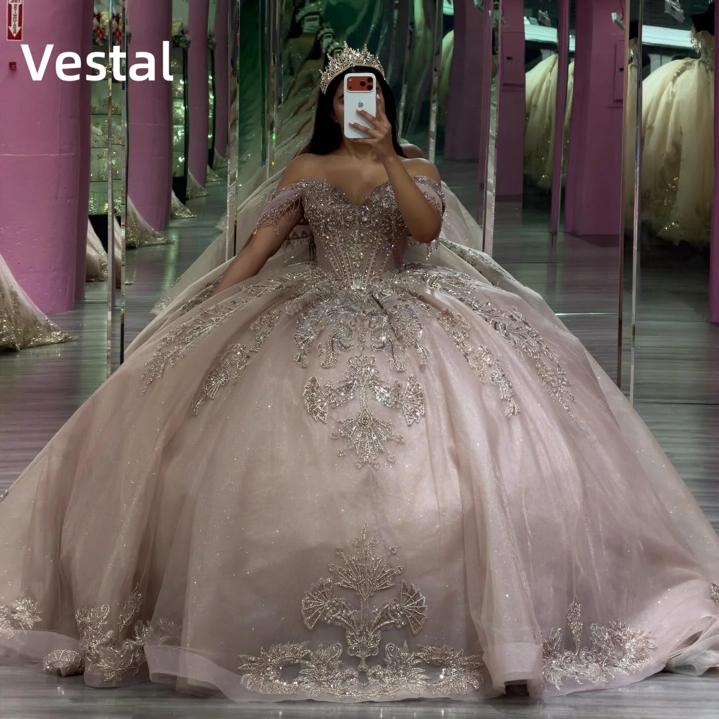 Luxury Blush Pink Quinceañera Dress Off Shoulder Sparkly Lace Ball Gown Sweet 16 Princess Style Formal Evening Dress Customized