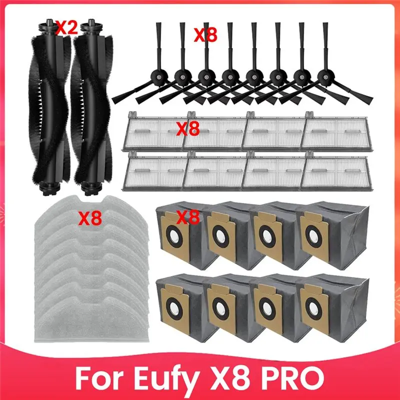 

Запасные части для робота-пылесоса Eufy X8 Pro: основная щетка, боковая щетка, фильтр, тряпка для мытья полов, мешок для сбора пыли.