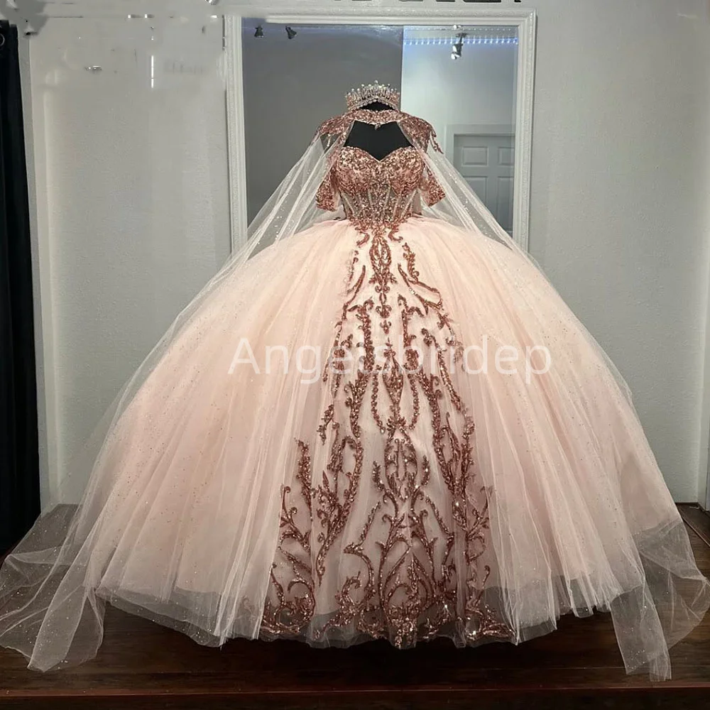 Angelsbridep шампанское бальное платье, платья для Quinceanera 2025 Vestidos De Festa с накидкой, розовое золото, Аппликации, женское платье на день рождения