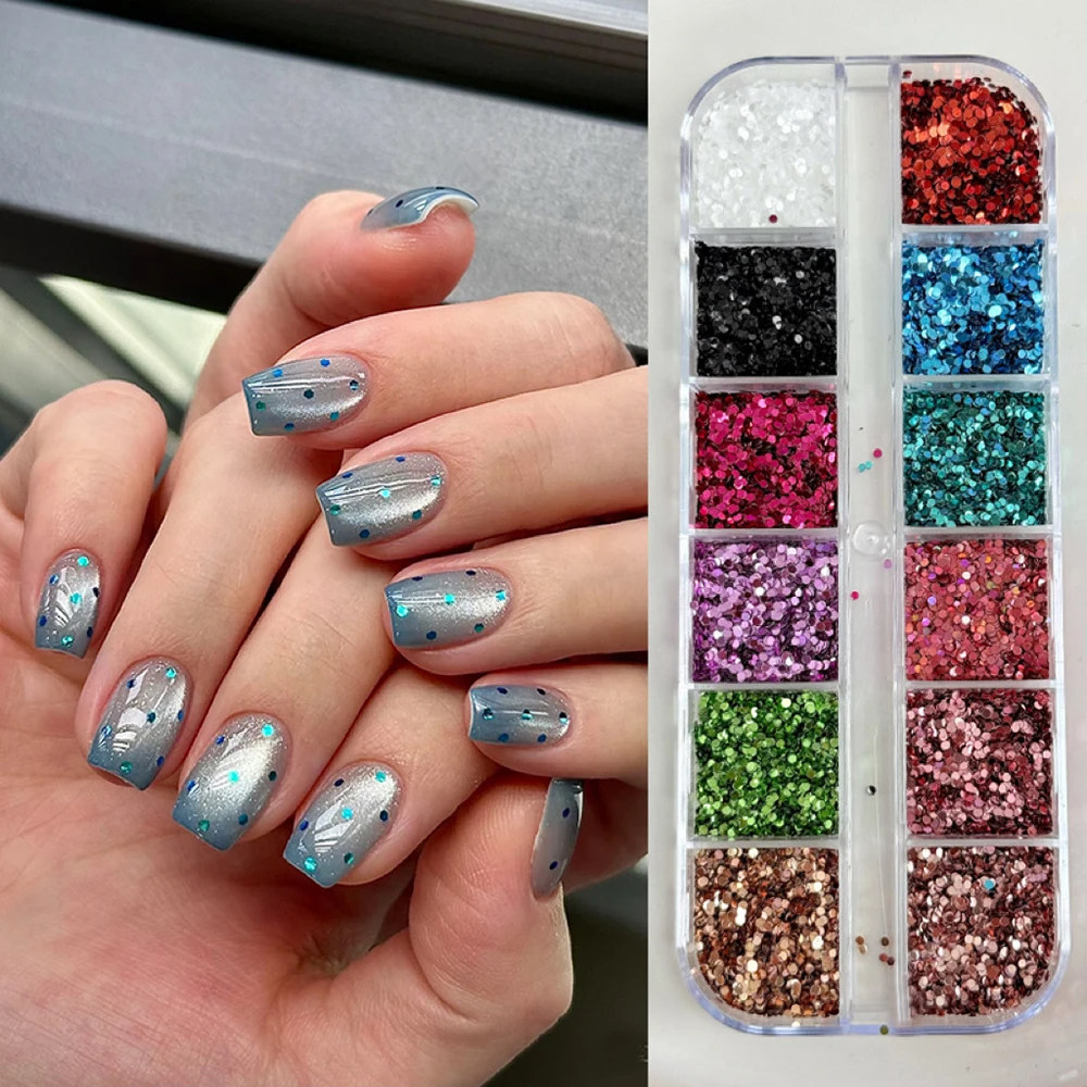 12Grid Mixed Color Hexagon Polka Dots Nail Sequins Ultra‑Thin Holographic Laser Nail Art Flakes Sparkly Confetti Nail Decoration