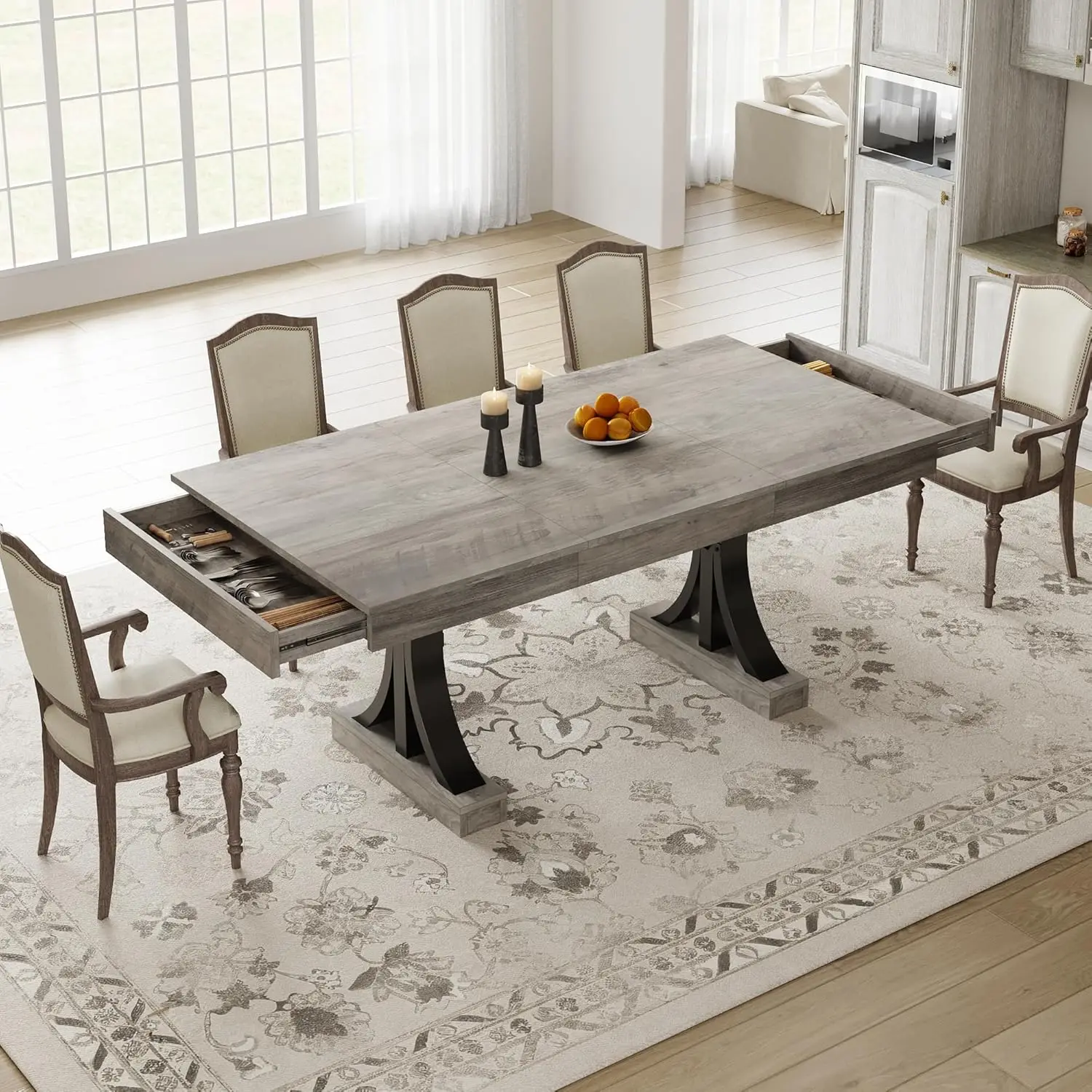 71-Inch Wooden Dining Table with 2 Drawers, Rectangular Dining Table w/Large Tabletop & Double Pedestal, Large Kitchen Table