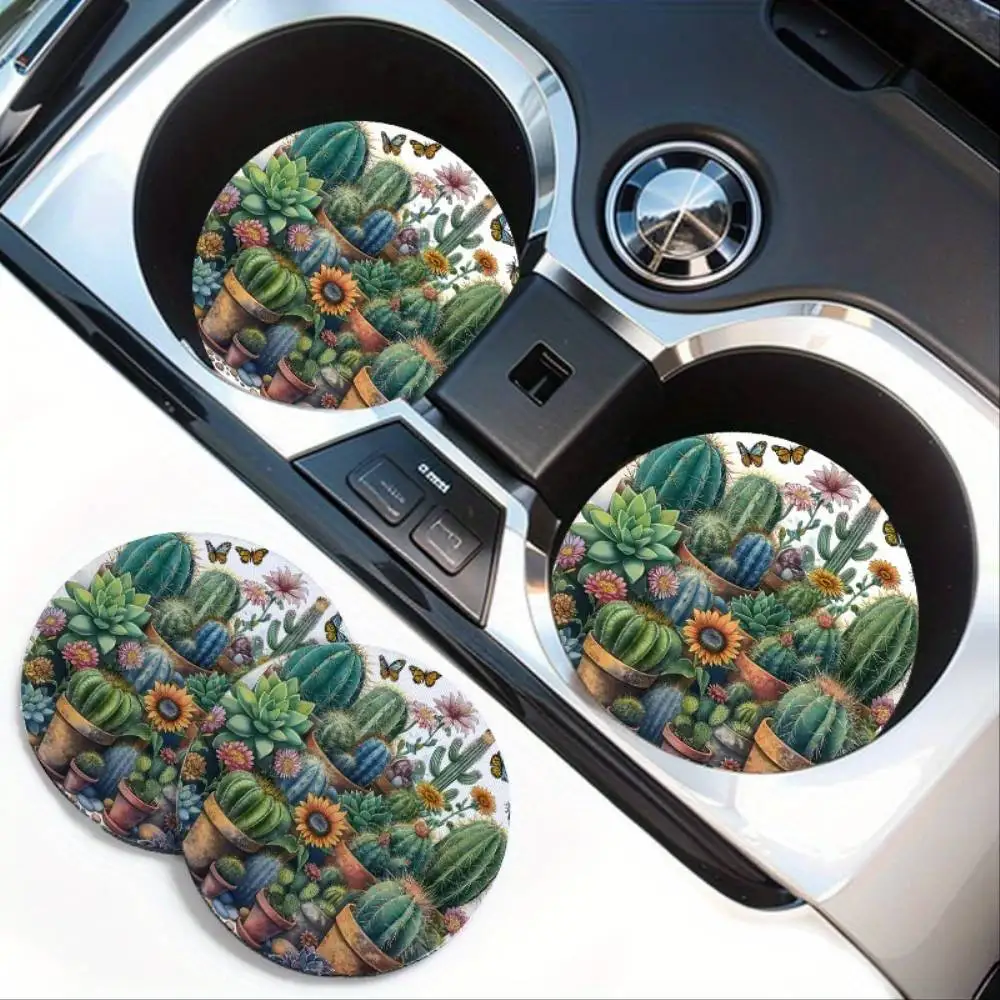 Cactus Flower Pot Print EVA Car Cup Holders 2PCS Absorbent Non-Slip Backing Auto Interior Accessories