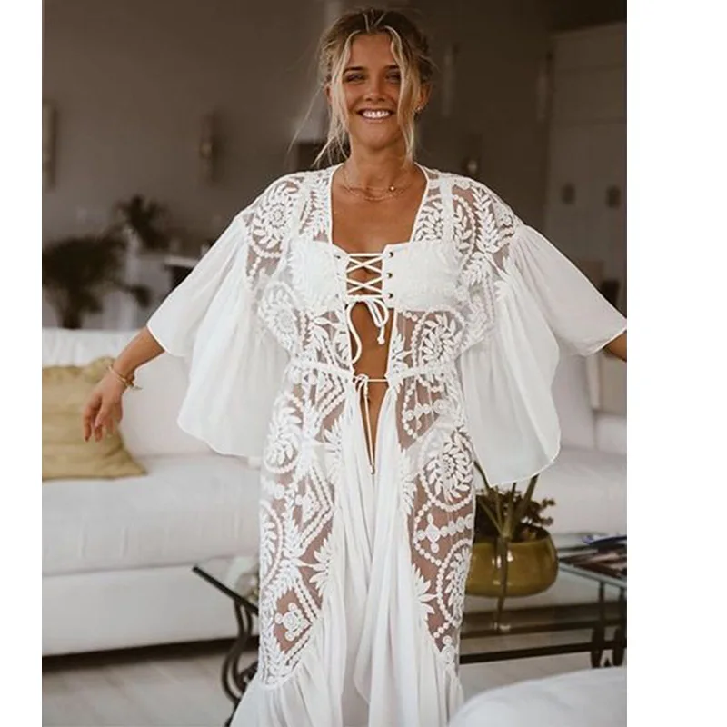 2025 Holiday Chiffon Lace Embroidery Beach Cover Up Sexy Cardigan Loose Casual Sun Protection Shirt Cover Up Cardigan