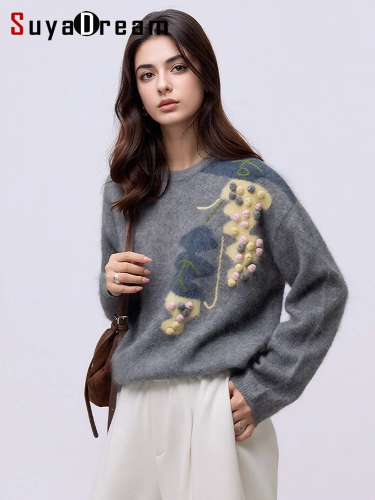 SuyaDream, Wool Silk Brushed Sweater Women, 3D Pom Pom Grape Embroidery Jacquard Knitwear, Thick Crew Neck Fall Pullover