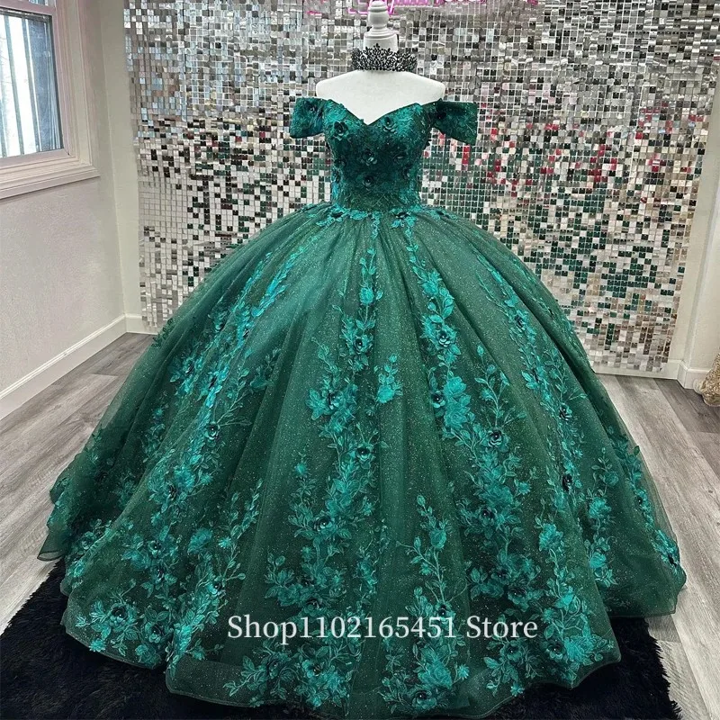 Hunter Green Princess Quinceanera Dresses Off Shoulder Ball Gown Sweet 16 Dress Sequin Lace Flowers Lace-up vestidos de 15 anos