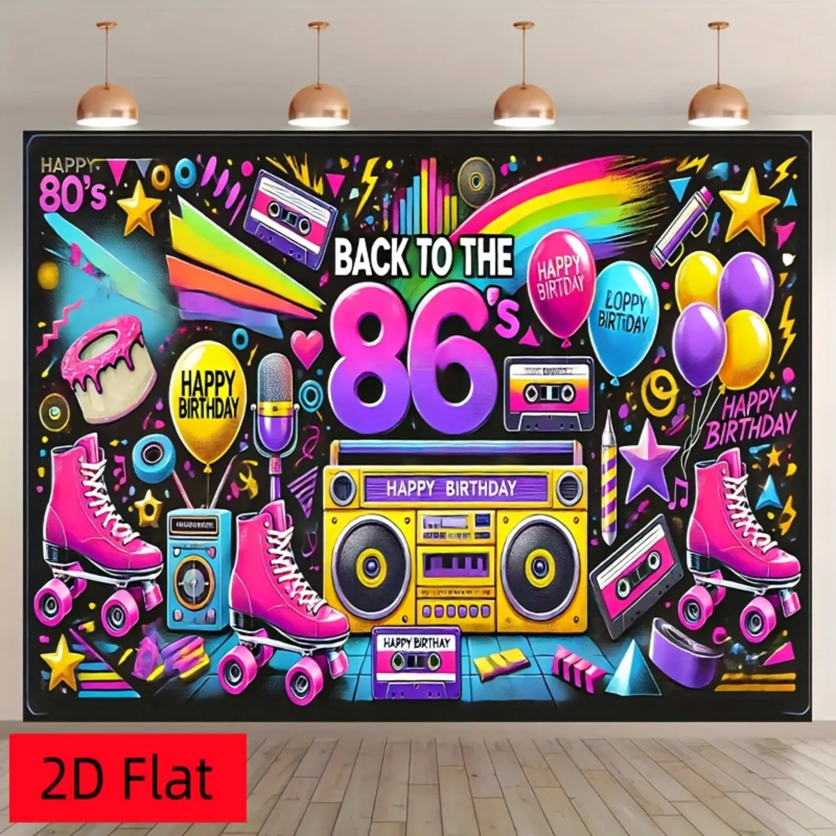 Fundo plano 2D - cenário de festa de aniversário com tema dos anos 80, com um toca-fitas retrô, patins e balões