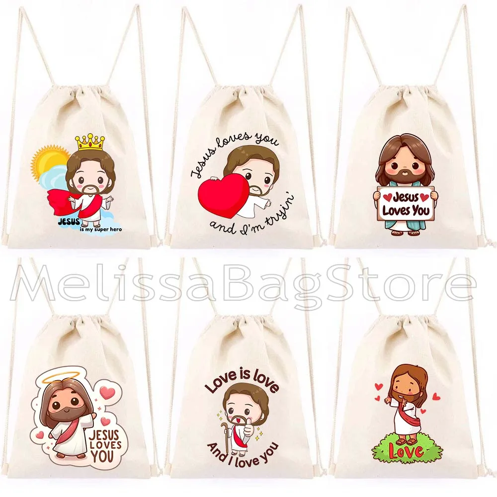 

Cute Cartoon Jesus Loves You with Christian Quotes Canvas Drawstring Bags Soccer Backpack Gym Yoga Sackpack Gifts String Bag