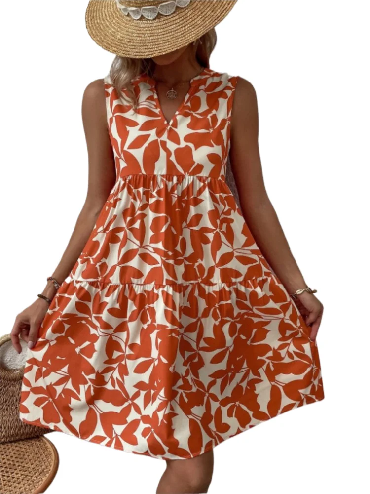 Abito con stampa Boho Lady Casual scollo a V senza maniche Abiti larghi per le donne Moda vacanza Beach Party Gonna Abbigliamento donna Estate