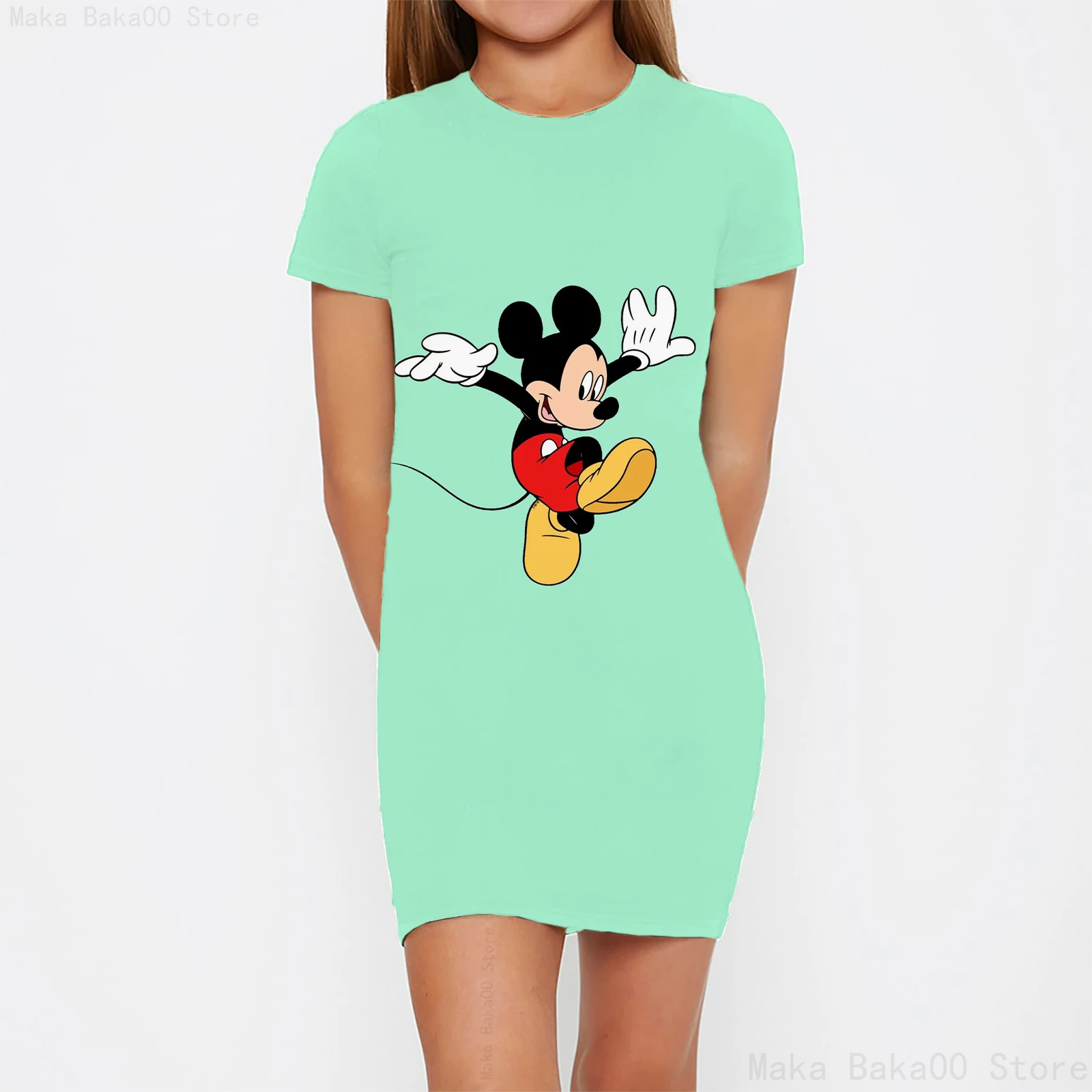 Robe moulante à manches courtes et col rond pour fille de 0 à 14 ans, tenue de princesse mignonne à imprimé Disney Minnie