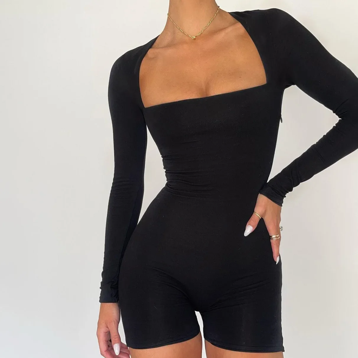 Sexy Black Solid Bodyshape Long Sleeve Rompers Womens Playsuits White Square Collar Elegant Sexy Short Overalls