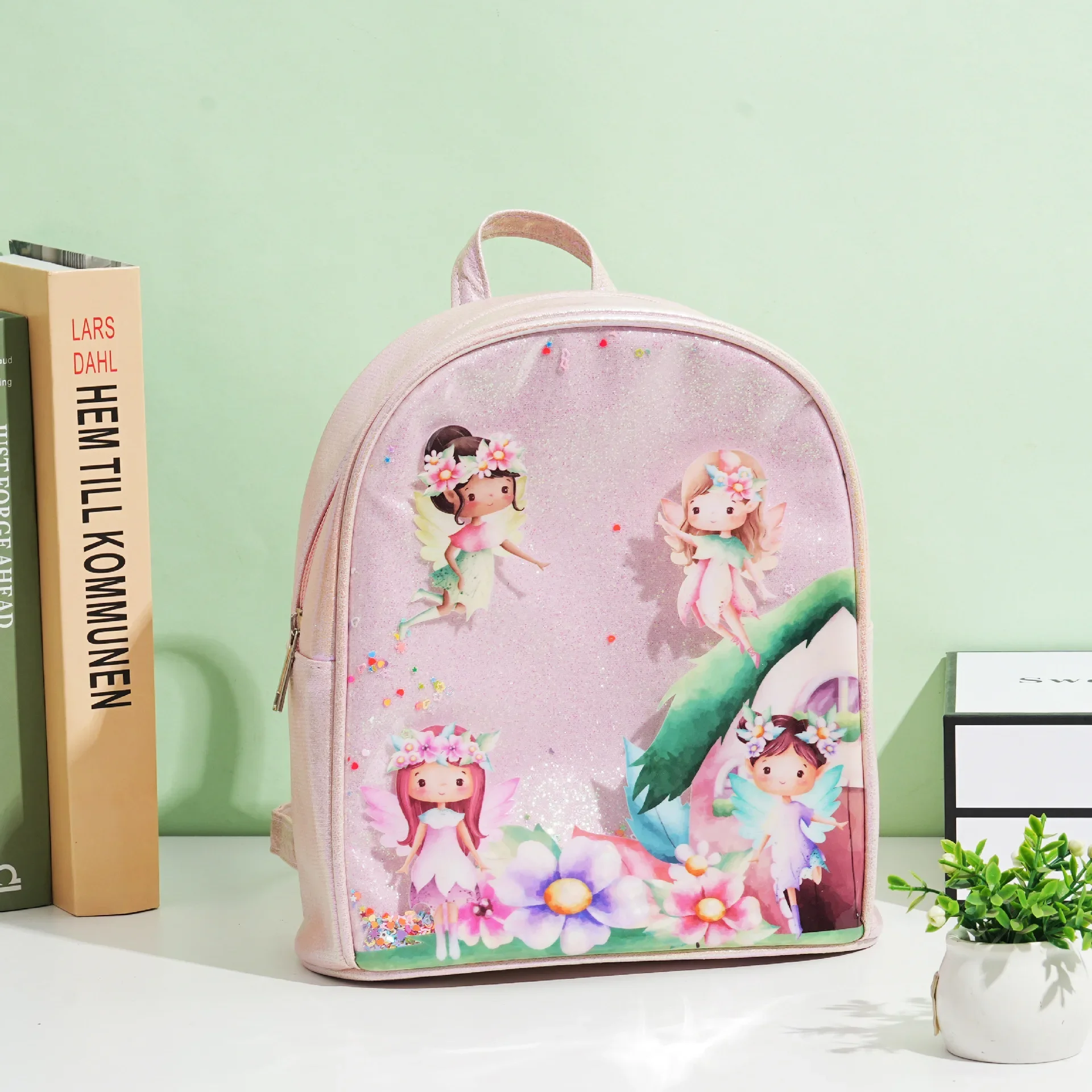 Little Girls Sequin Print Fairy Backpack Shiny Loose Powder Student Schoolbag Toddler Cartoon PU Printed Rainbow Backpack