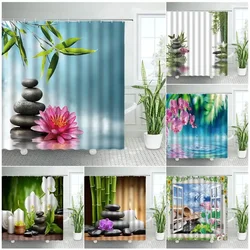 Pink Flower Stone Green Bamboo Zen Shower Curtains White Orchid Candle Spa Japanese Garden Landscape Bath Curtain Bathroom Decor