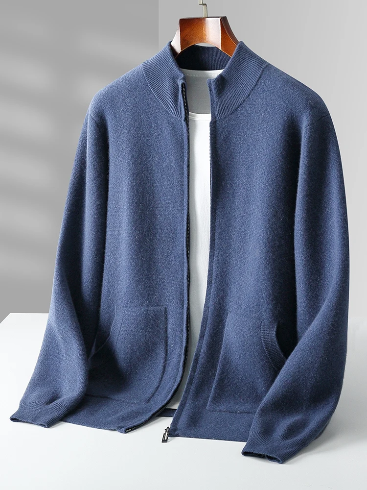 

High Quality Men Winter Thick Cashmere Cardigan Mock Neck Zipper Sweater 100% Merino Wool Knitwear Casual Soft Warm Clothing Top