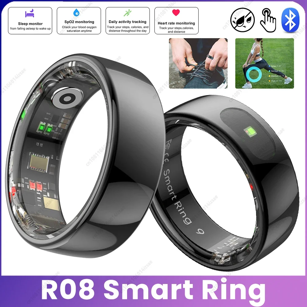 

R08 Smart Ring 5ATM Waterproof Blood Oxygen Pressure Health Sleep Monitor Tracker Womens Men Electronic Smartring W/ Charge Case