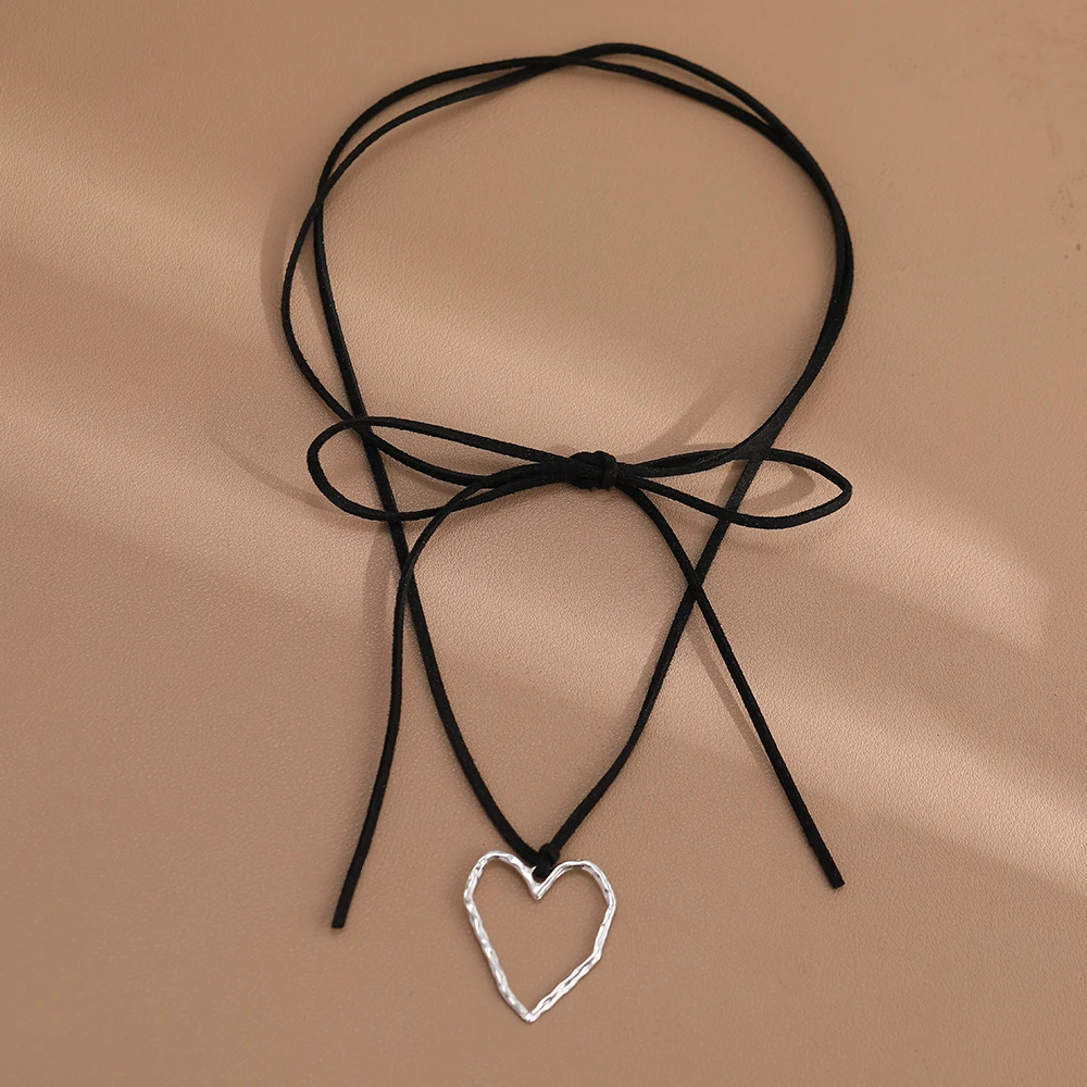 Summer Leather Chain Large Abstract Heart Pendant Colar Long Suede Leather Necklace Jewelry Gift For Woman&Me