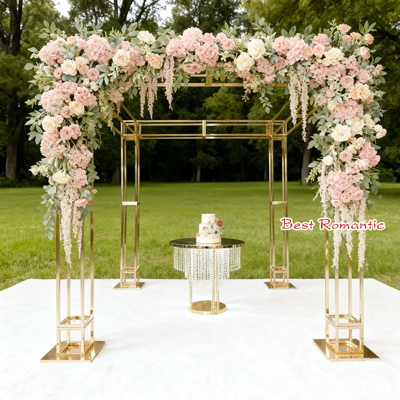 Wrought iron electroplated golden arch outdoor wedding square box square pavilion ceremony clock in photo background rack