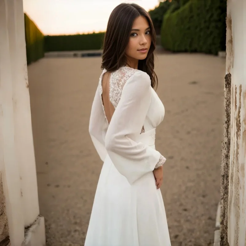 A-Line Floor Chiffon Long Sleeve Wedding Dress Deep V Neck Beaded Lace Waistband Cuffs High Waist Sweep Train Customizable 2026