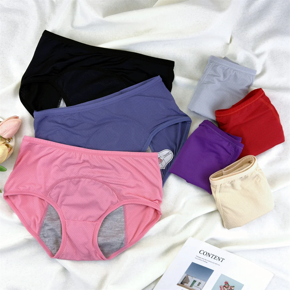Women Thin Mesh Breathable Menstrual Period Briefs Cotton Crotch Mid Waist Plus Size Panties Prevent Leakage Clean Underwear