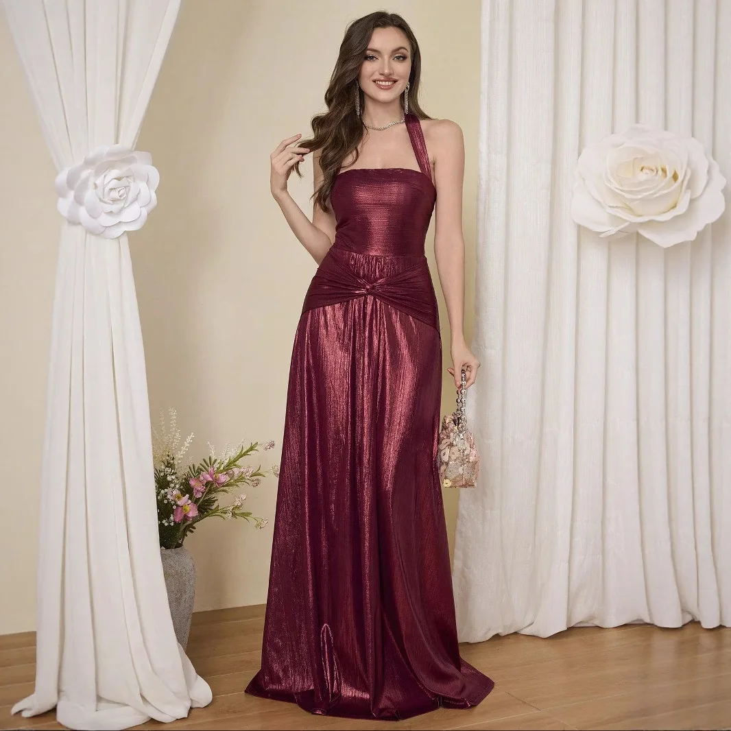 

Платье-тост без бретелек с бретелькой на шее, новинка 2025 года, винно-красное банкетное элегантное платье для хозяев, женское вечернее платье с небольшим шлейфом, элегантное