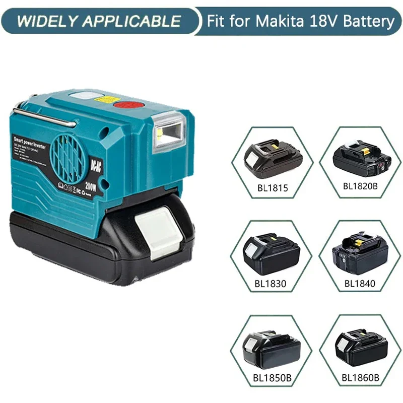 200W Power Inverter Generator for Makita 18V Battery, DC 18V to AC 120V/220V Power Adapter Inverter with USB&Type-C Port