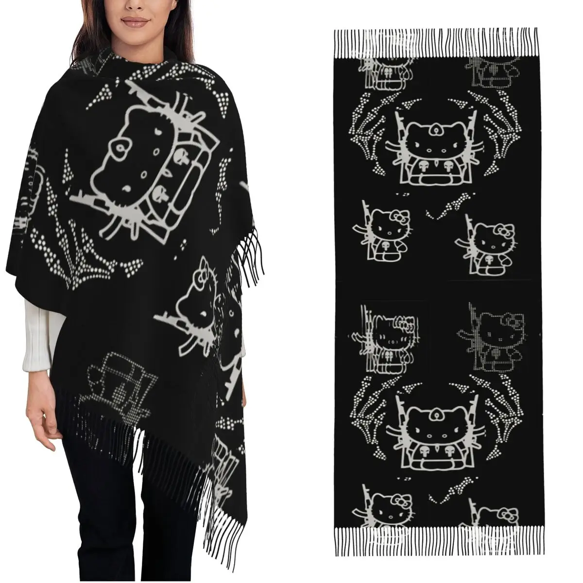 سيدة وشاح في الهواء الطلق مرحبا كيتي روك طباعة أغطية الرأس الأوشحة مع شرابة الرجعية شال يلتف الخريف مخصص DIY Foulard