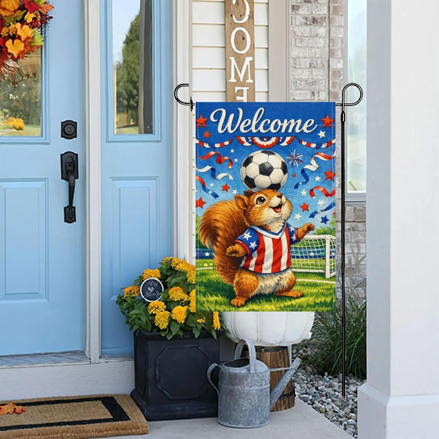 Welcome Funny Squirrel Garden Flag 12x18Inch,Boho American Red White Blue Outdoor Yard Decor,Soccer Animal Festive Stars Str jjp