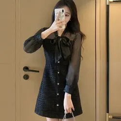 Xiaoxiangfeng Dress New High-end Temperament Retro Bow Waist Cinching Slimming Effect Simple and Flesh Covering Black Dress