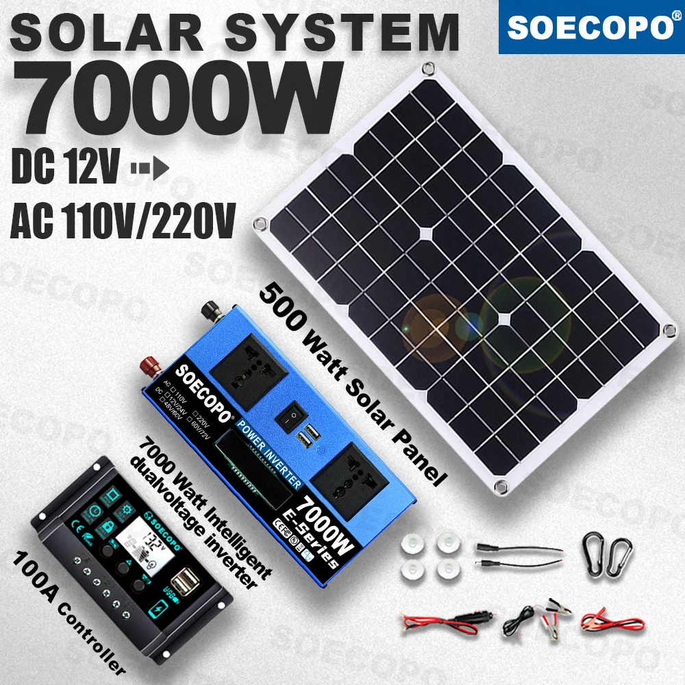 SOECOPO 7000W Solar Power System Kit, 12V24V to 110V/220V Inverter, 500W Panel, 100A Controller, for Off-Grid Home, RV & Camping