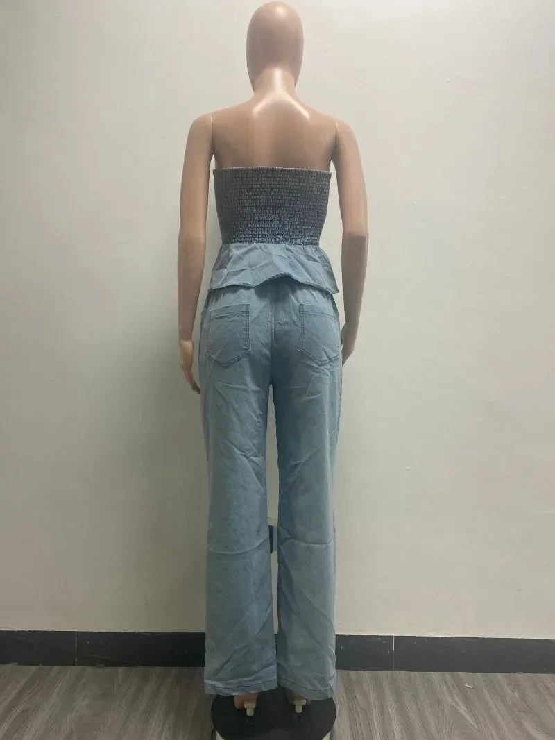 Women Fashion Denim 2 Piece Set Ruffles Hem Elastic Strapless Crop Tops + Wide Leg Pants Casual Jeans Suit Casual Streetwear