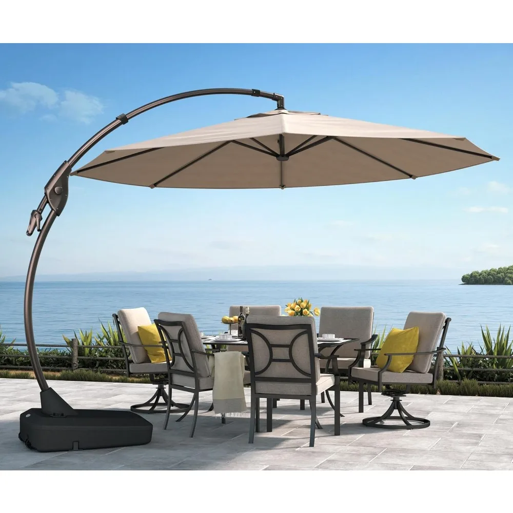 

11FT Cantilever Umbrella with Base Outdoor Large Round Aluminum Offset Umbrella for Patio Garden Backyard (Champagne