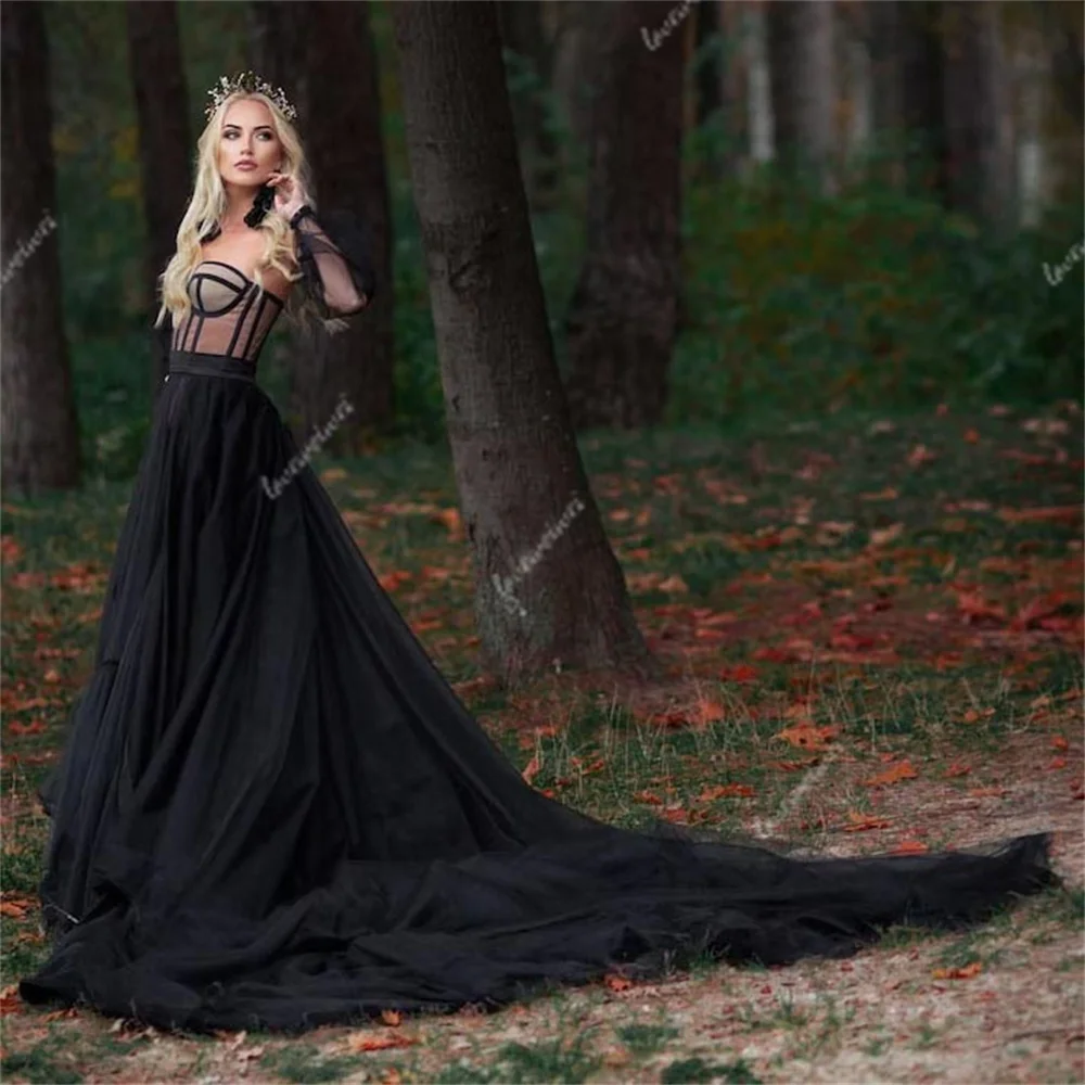 Gothic Zwarte Avondjurk Off The Shoulder Sweetheart Prom Jurken Lange Mouwen Tule Prachtige Formele Feestjurken Vestido