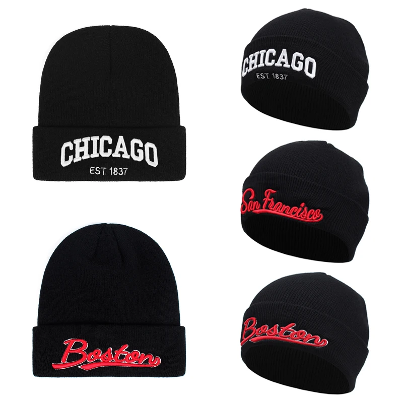 2025 Simple Fashion New Knitted Hat Chicago Boston San Francisco Embroidered Borderless Hat Daily Commuter Bean Hat Hip Hop Hat