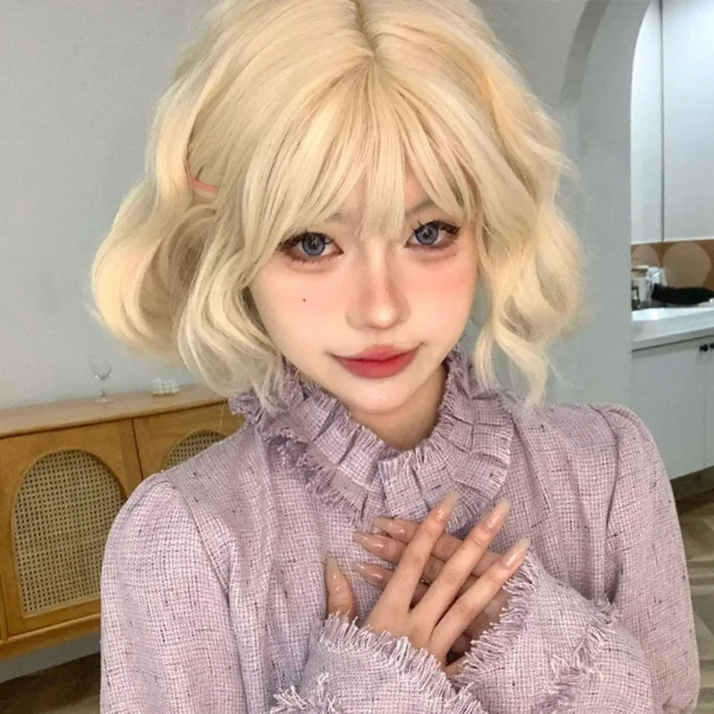 White Blonde Wigs Female Short Hair Cute Age Reduction Short Curly Hair Wool Curls Simulated Human Natural Full Head Covering