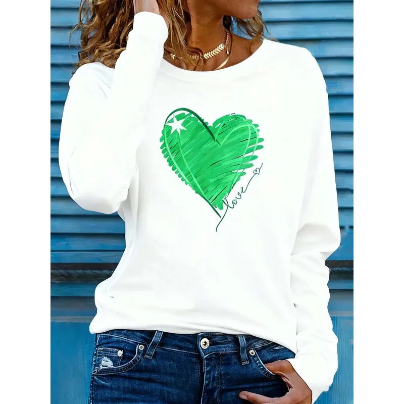 Women's Long Sleeve T-Shirt Green Painted Heart Star Love Script Graphic Crew Neck Slim Fit Spring Fall Tops