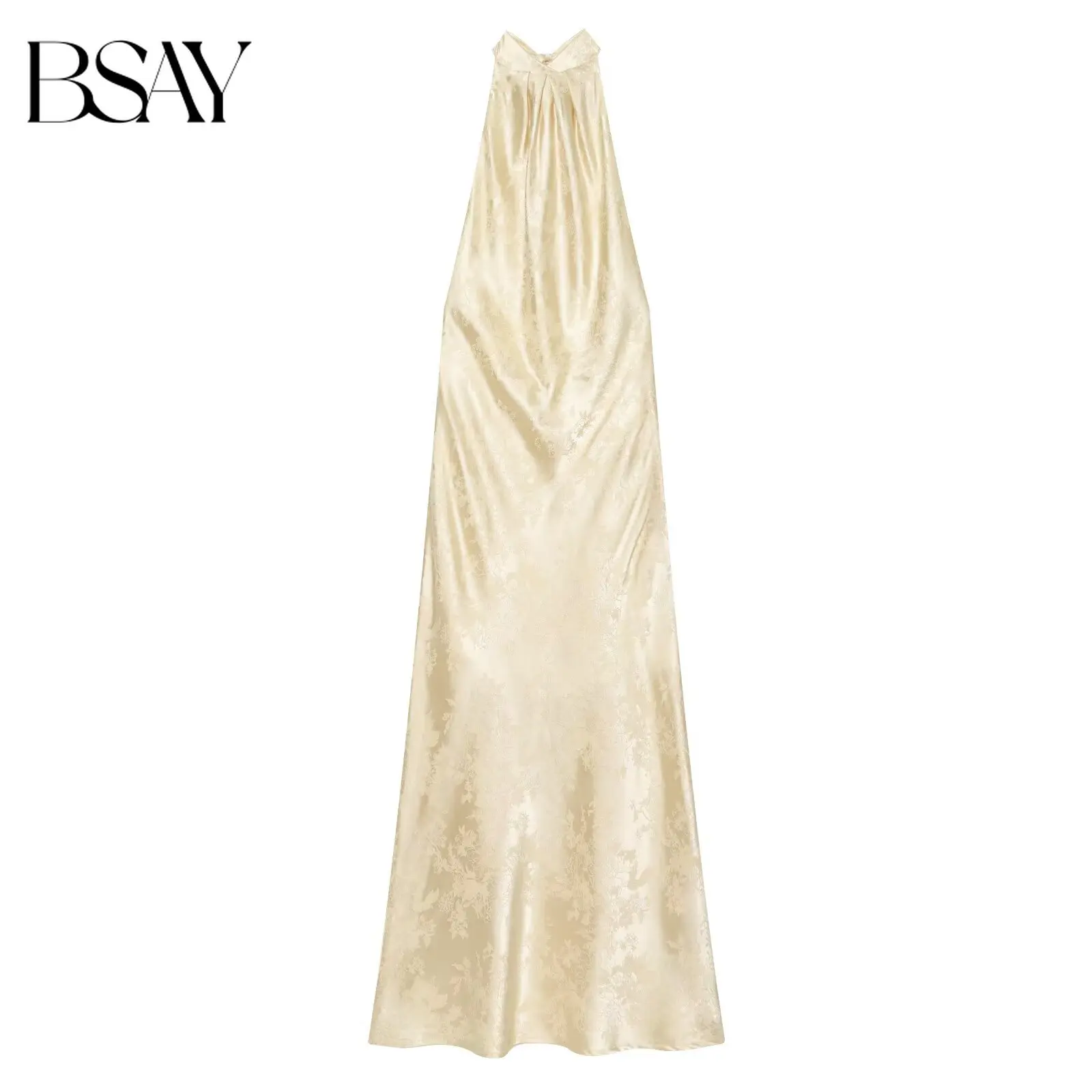 BSAY 2026 Elegant Women Floral Jacquard Halter Neck Maxi Dress Satin Backless Sleeveless Pleated Long Evening Party Slip Dress