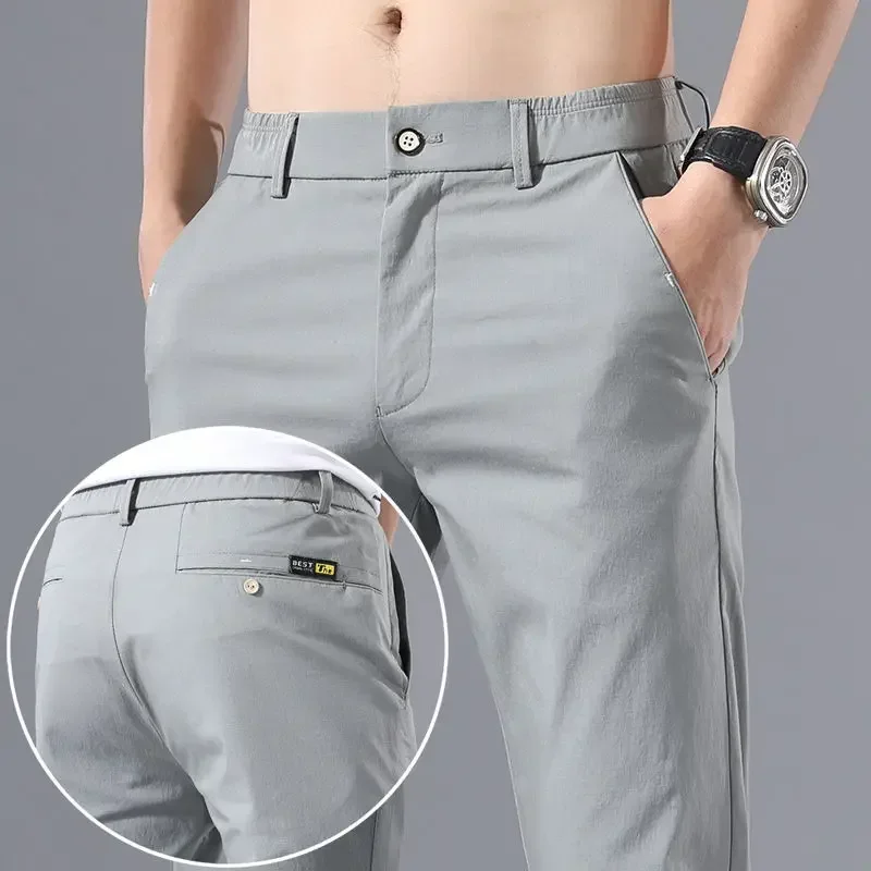 2024 NEW Men Summer Slim Fit Ice Silk Chinos and Khkis Trousers Trendy High-End Stretch Business Casual Pants Spring