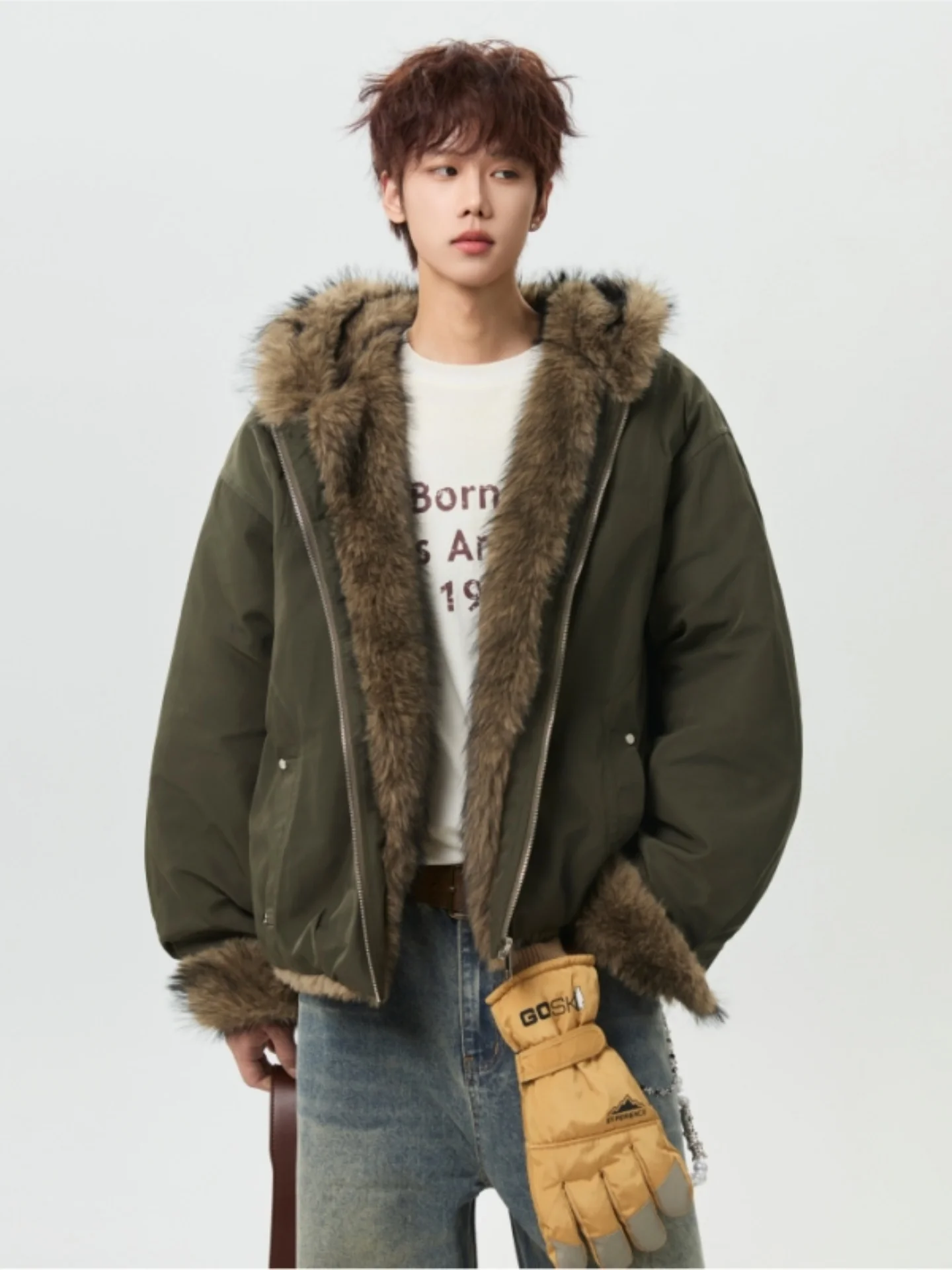 

Мужская утепленная хлопковая куртка в американском стиле с меховым воротником, осенне-зимняя, теплая, молодежная, модная, приталенная, на молнии