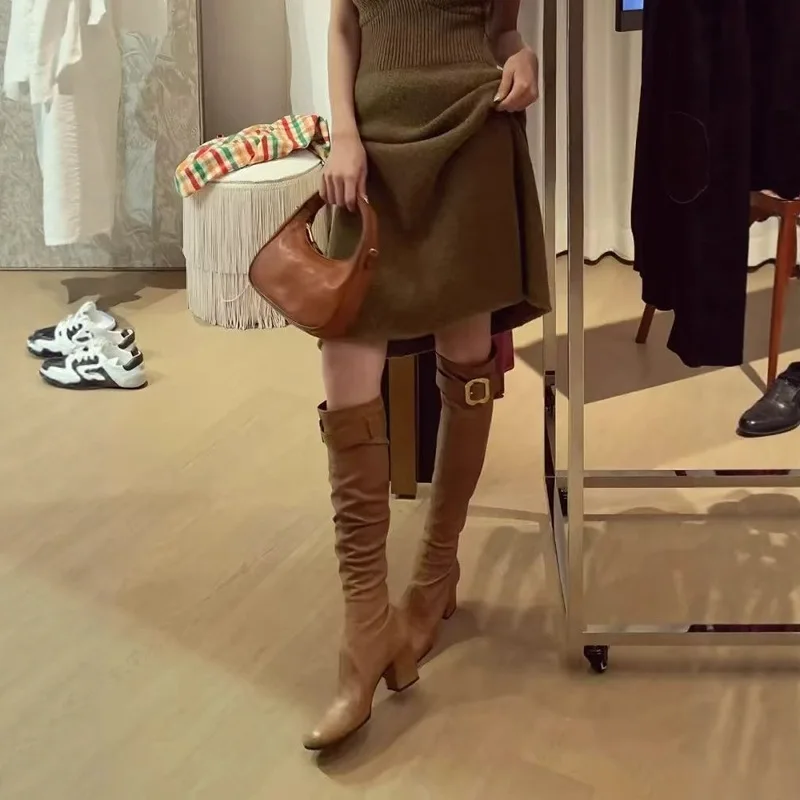 

Belt buckle high heels long boots thick heel square toe elastic high tube slim boots women's fashionable autumn and winter shoes