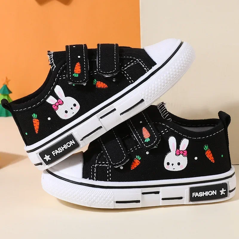 Children New Fashion Canvas Sneakers Kids Adorable Rabbit Cartoon Prints Board Shoes Hook and Loop Flat Sole Non Slip Shoes