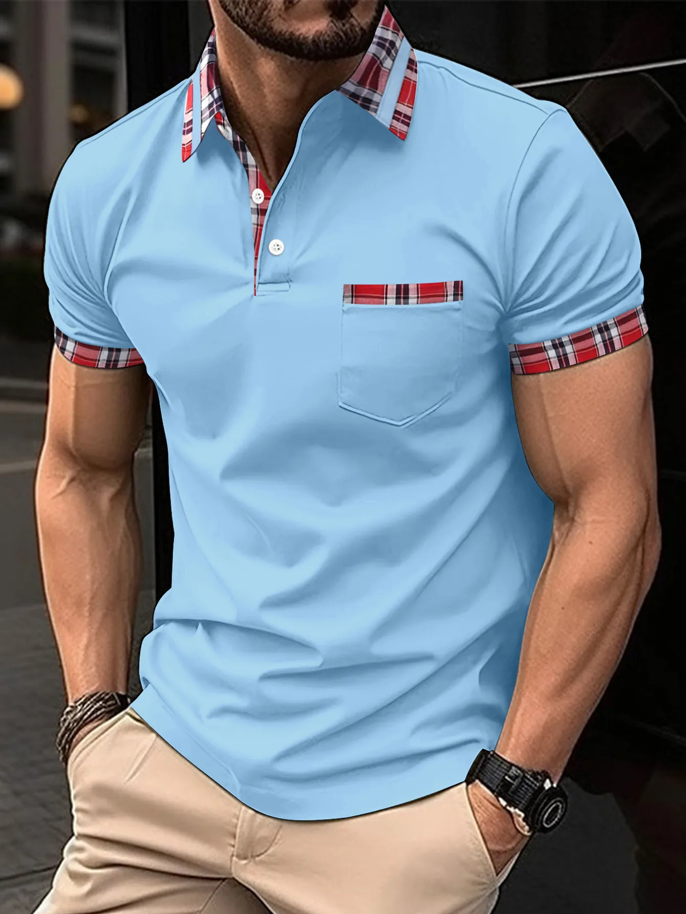 2024 Men\'s fashion color contrast lapel short-sleeved polo shirt, simple and slim