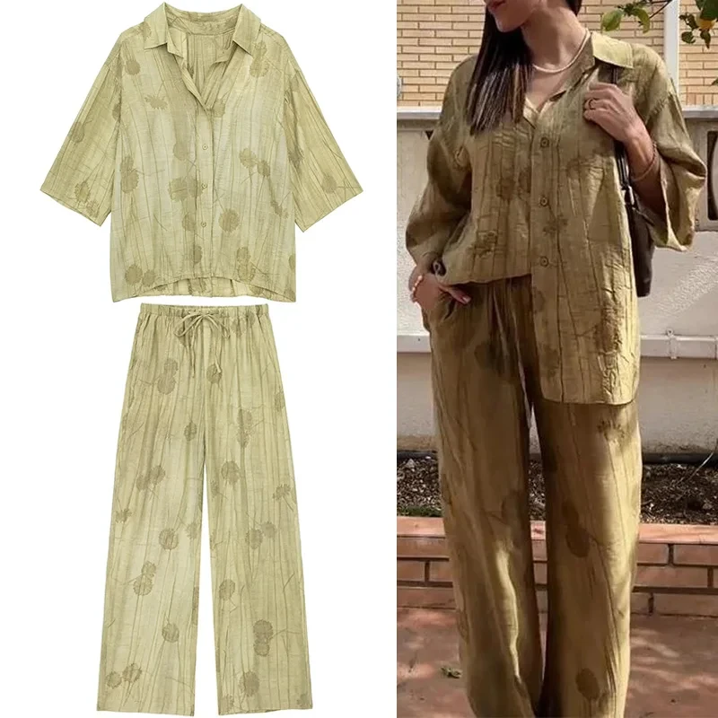 

2024 Women Fashion Spring New Jacquard Short Sleeve Lapels Printed Shirt Chic Ladies Top High Waist Wide Leg Pants Two-piece Set