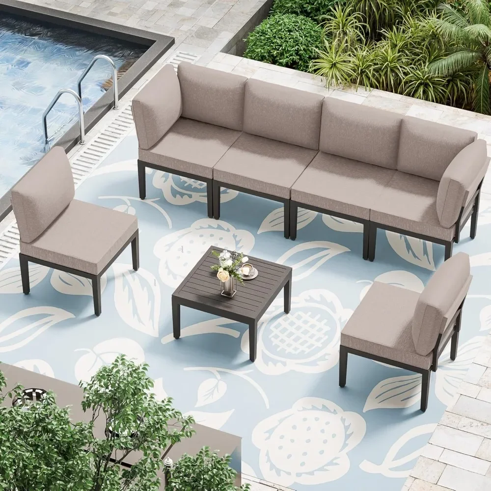 

7 Pieces Patio Furniture Set 6-Seat Metal Modular Outdoor Patio Sectional w/Thick Cushion and Coffee Table for Patio, Lawn, Sand