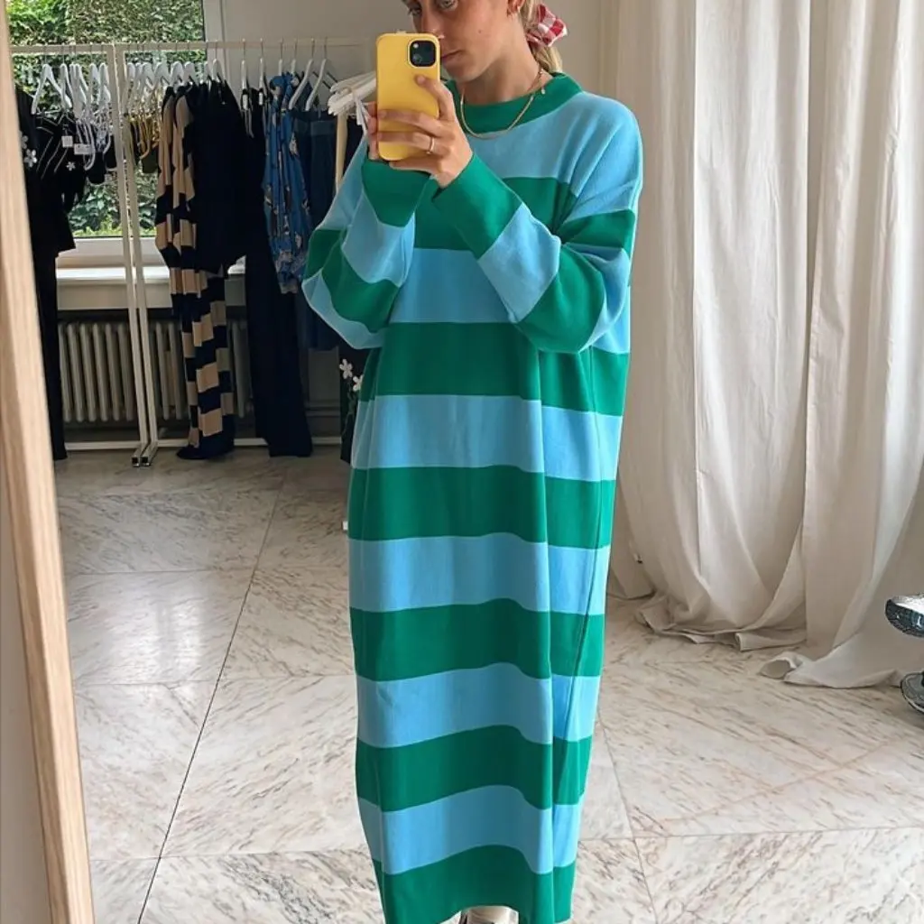 

Women's Long Thickened Knitted Sweater round Neck Pullover Dress European American Style Autumn Winter Lazy Fashion