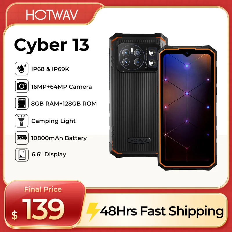 Hotwav Cyber 13 Smartphone Android 14 16(8+8)GB+128GB 10800mAh Smartphone 16MP+64MP Camera Camping Light 6.6